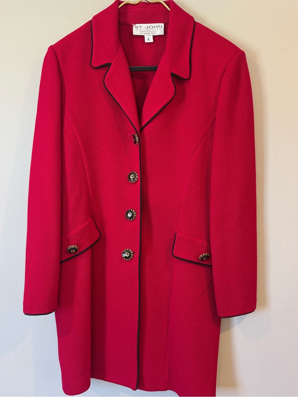 St. John Collection by Marie Gray Long Blazer Jacket Red Black Gold Size 6